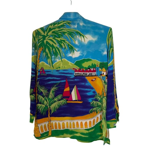 Diane Gilman Women's 100% Silk Blouse Tropical Size Medium Palm Trees, Sail Boat - Picture 5 of 15